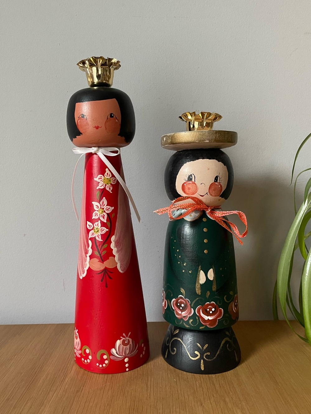 Vintage Folk Art Wooden Doll Candle Holders Set of 2